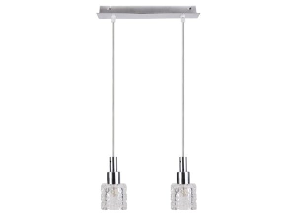 Lampa wisząca Naramela z dwoma przezroczystymi kryształowymi kloszami i chromowanymi zwisami