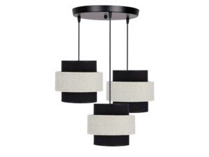 Miniaturka 2 - Lampa wisząca Naretira z okrągłą czarną podsufitką i trzema kremowo-czarnymi abażurami