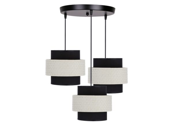 Lampa wisząca Naretira z okrągłą czarną podsufitką i trzema kremowo-czarnymi abażurami