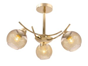 Miniaturka 2 - Złota lampa wisząca Narinia z trzema bursztynowymi prążkowanymi kloszami