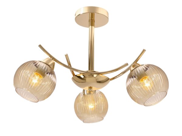 Złota lampa wisząca Narinia z trzema bursztynowymi prążkowanymi kloszami