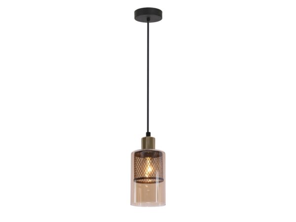 Lampa wisząca Narivia z bursztynowym szklanym kloszem, czarnym przewodem i złotym detalem
