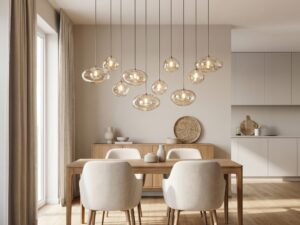 Miniaturka 2 - Lampa wisząca Nebia z dziesięcioma koniakowymi kloszami w aranżacji wnętrza