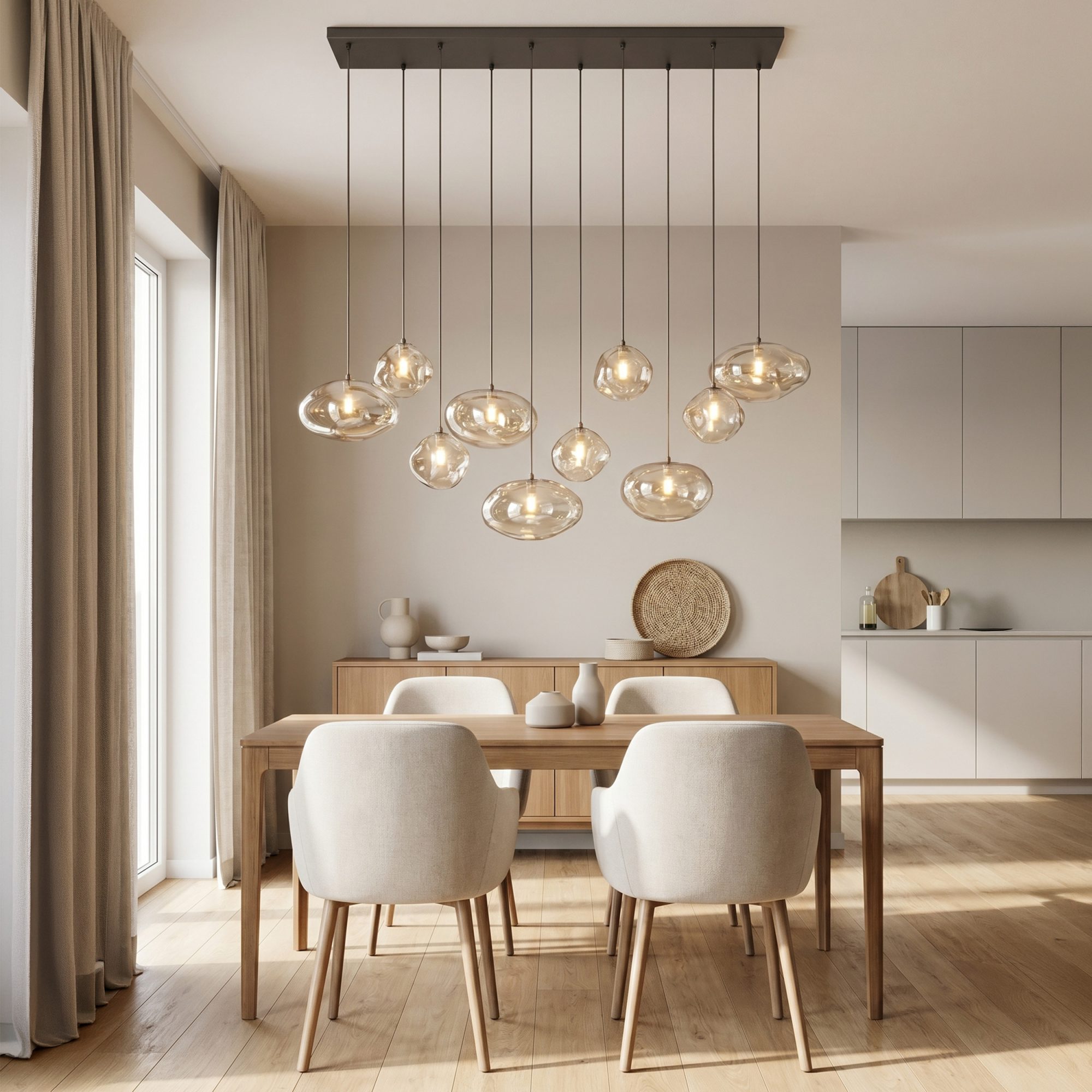 Lampa wisząca Nebia z dziesięcioma koniakowymi kloszami w aranżacji wnętrza