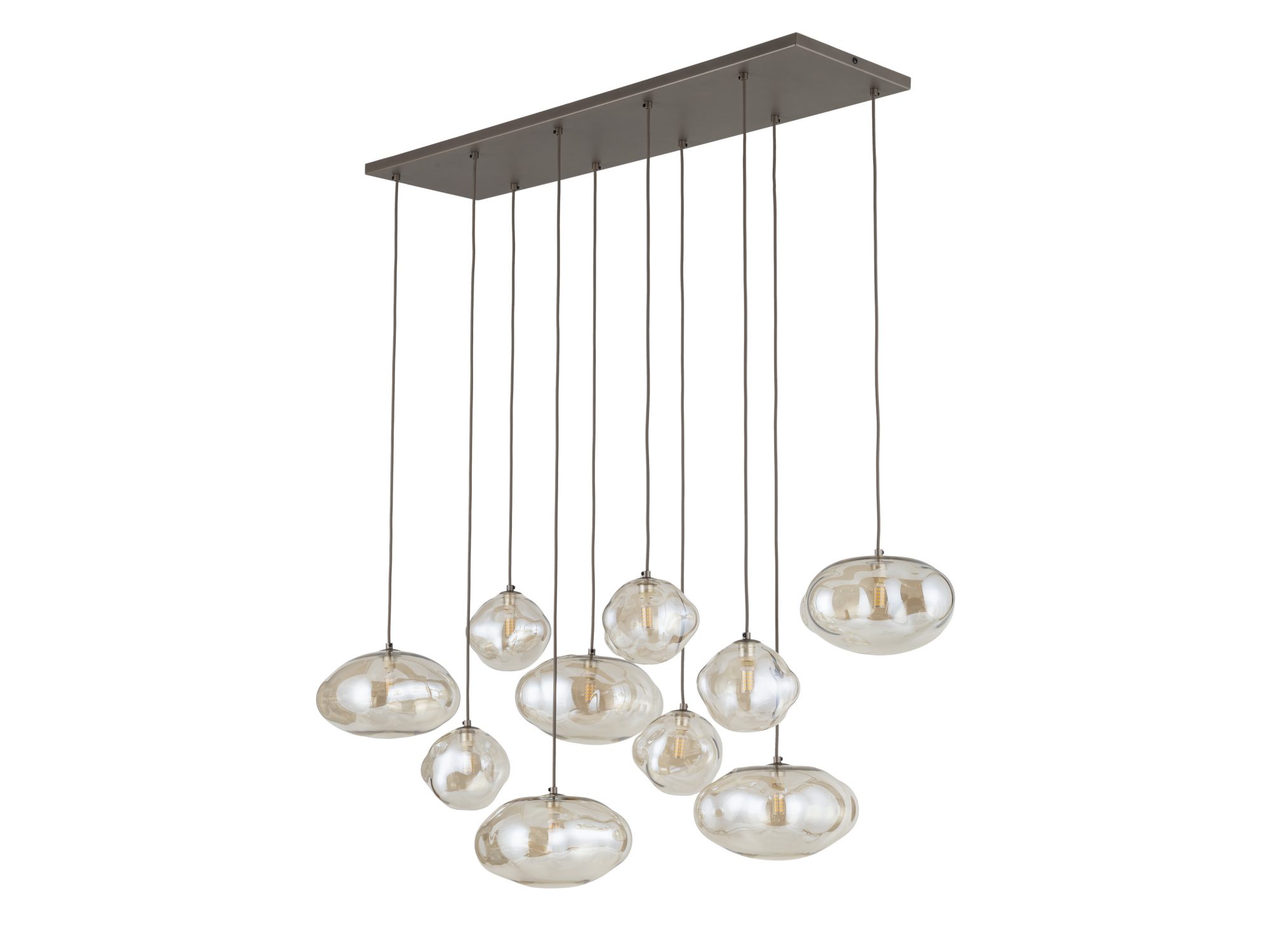 Lampa wisząca Nebia 10-punktowa, ciemny brąz i koniakowe szklane klosze