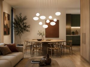 Miniaturka 3 - Piaskowobeżowa lampa wisząca Nebia z dziesięcioma mlecznymi kloszami we wnętrzu