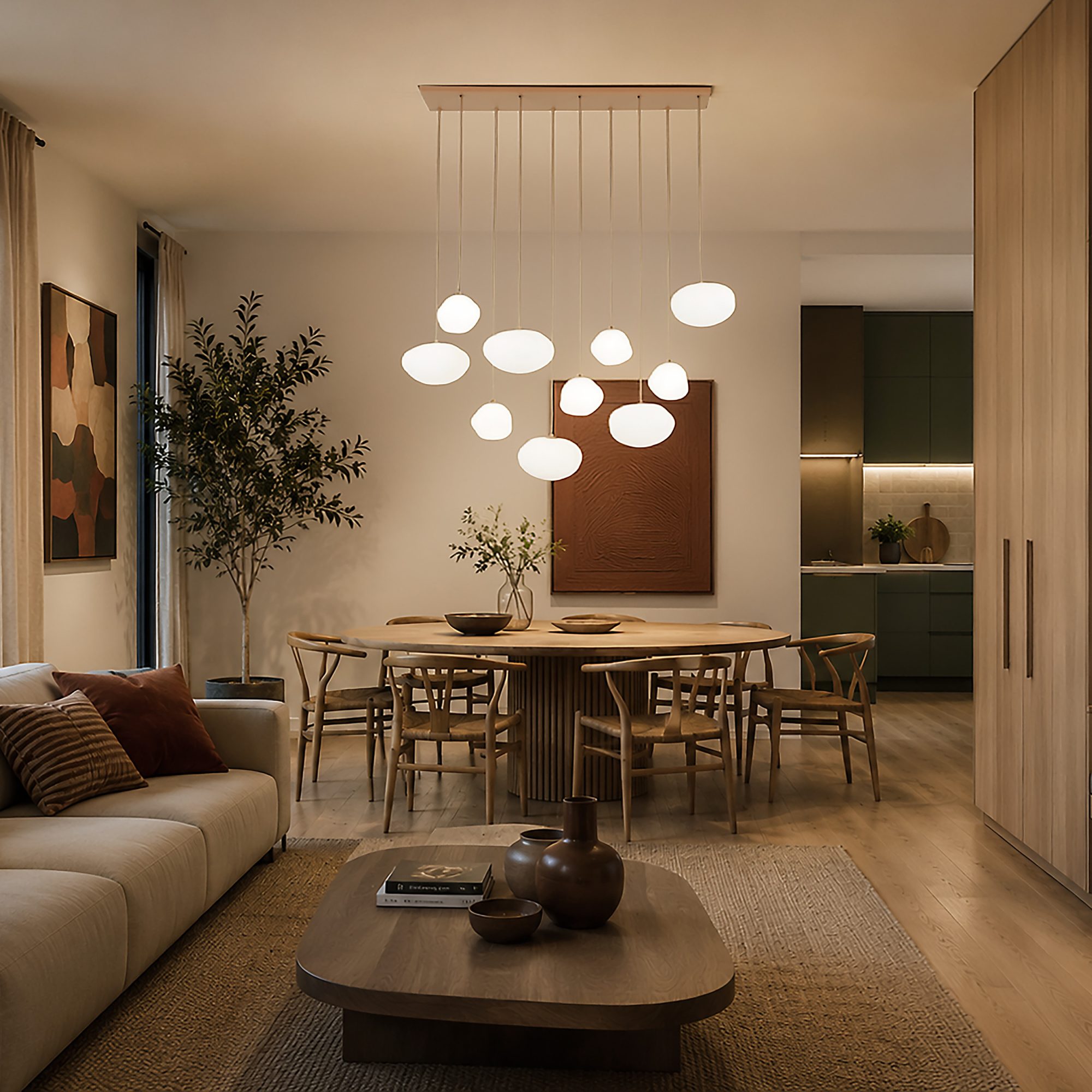 Piaskowobeżowa lampa wisząca Nebia z dziesięcioma mlecznymi kloszami we wnętrzu
