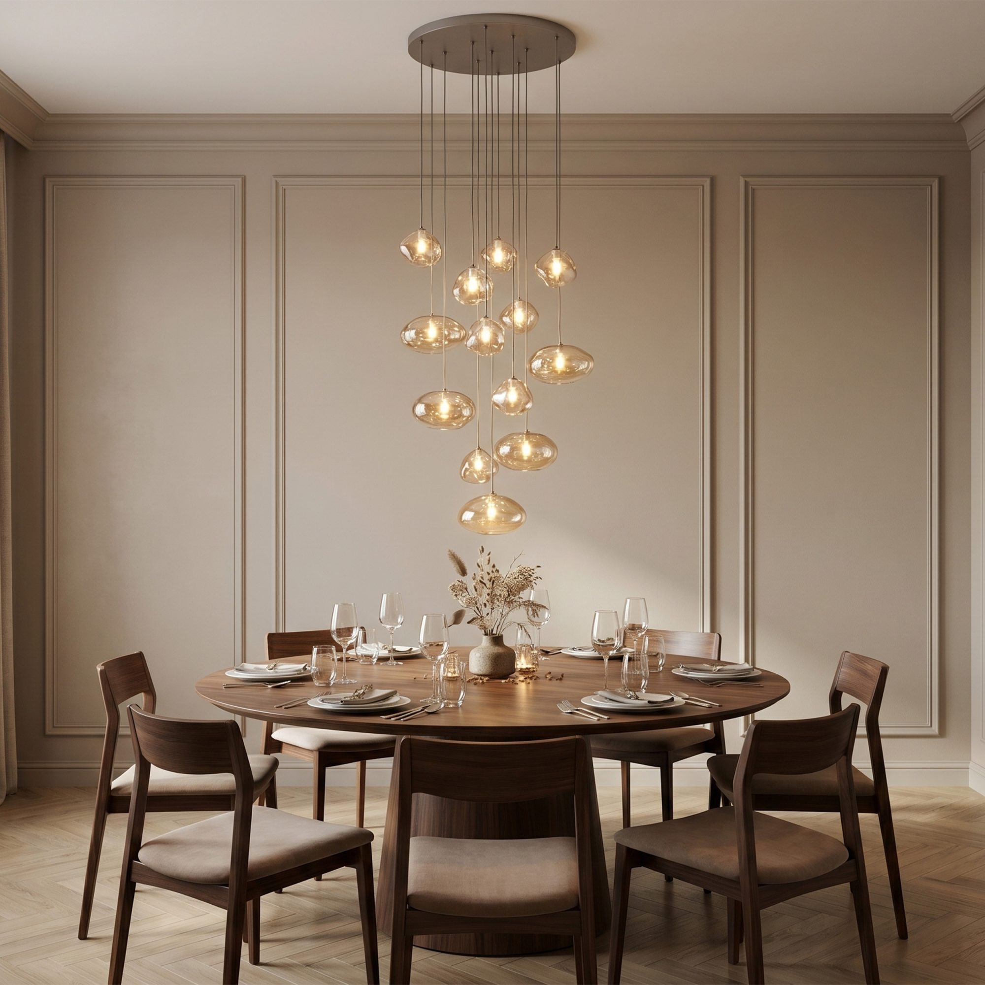 Lampa wisząca Nebia 13-punktowa z koniakowymi kloszami w aranżacji salonu