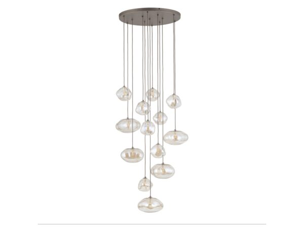 Lampa wisząca Nebia 13-punktowa w ciemnym brązie ze szklanymi kloszami koniakowymi