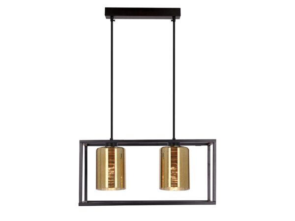 Lampa wisząca Nevalona z czarną prostokątną ramą i dwoma złotymi kloszami