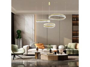 Miniaturka 2 - Lampa wisząca Nevetora z trzema pierścieniami w jasnym salonie