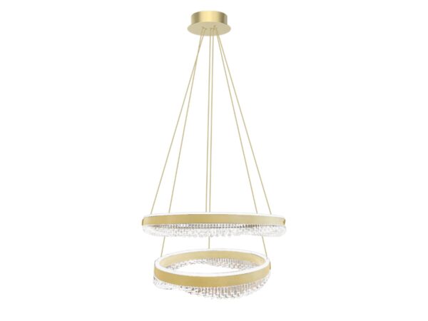 Złota lampa wisząca Nevetora 85 W z dwoma kryształowymi pierścieniami na białym tle