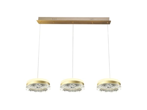Złota lampa wisząca Nevetora 60 W z trzema okrągłymi zwisami na listwie