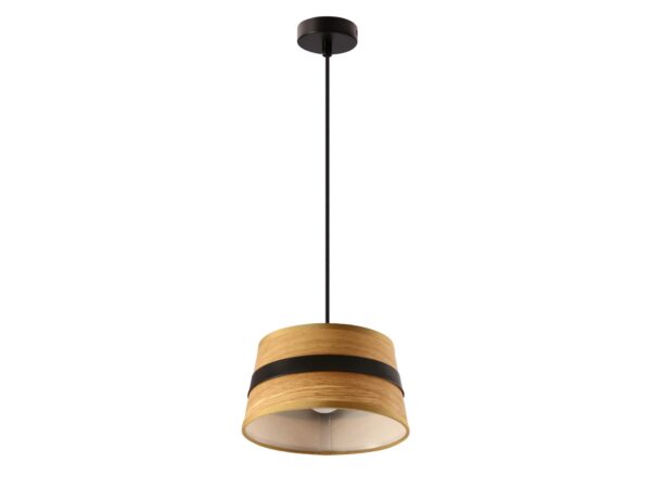 Lampa wisząca Nevolio z jasnobrązowym abażurem i czarnym pasem na białym tle