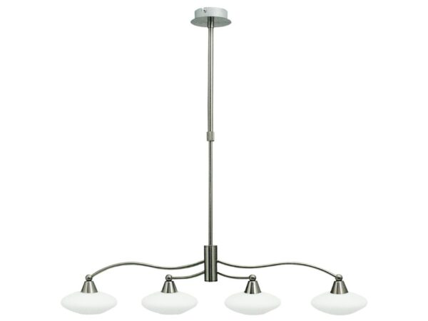 Lampa wisząca Nevotona satynowy nikiel – cztery białe szklane klosze na białym tle