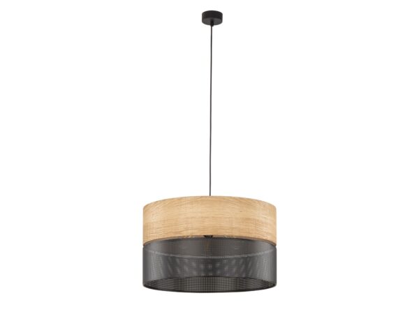 Lampa wisząca Nicol 3-punktowa z czarnym stelażem i drewnianym akcentem na białym tle