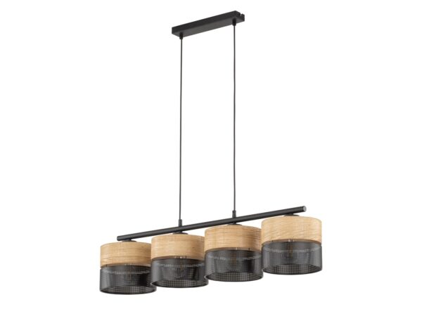 Lampa wisząca Nicol 4-punktowa z czarnymi abażurami i dekorem dębu naturalnego