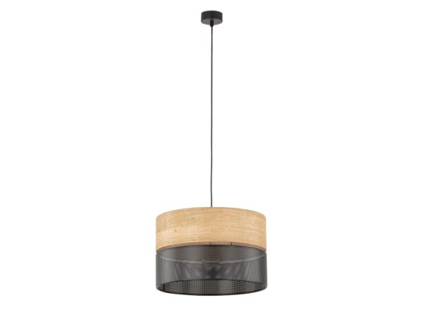 Lampa wisząca Nicol z dekorem dębu i czarnym ażurowym kloszem