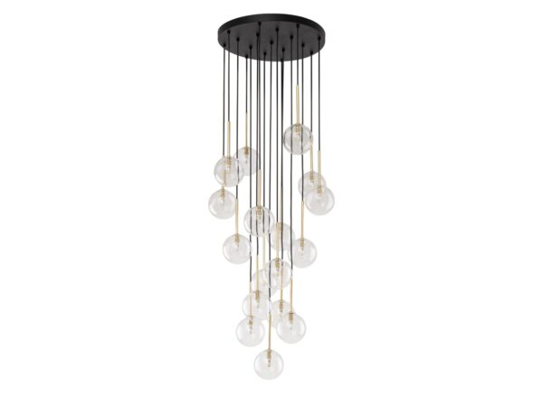 Lampa wisząca Nilos z siedemnastoma transparentnymi kloszami i złotymi detalami