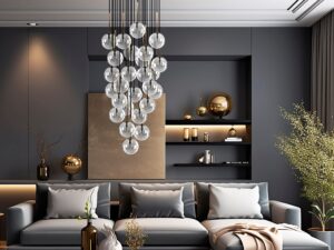 Miniaturka 1 - Lampa wisząca Nilos 26-punktowa z transparentnymi kloszami w aranżacji pomieszczenia