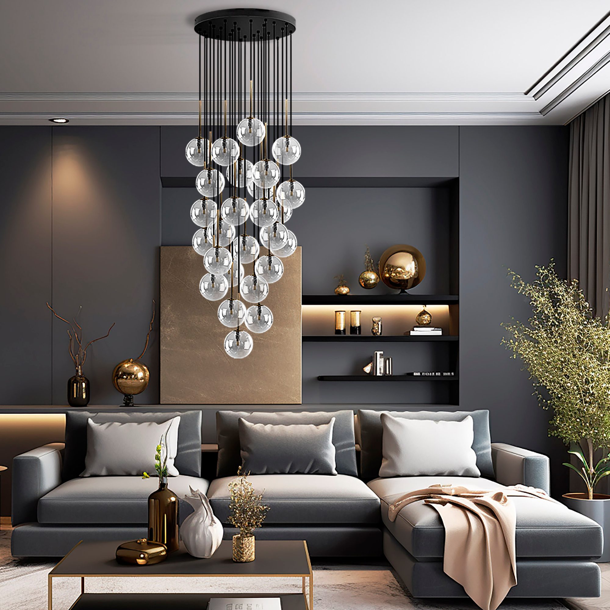 Lampa wisząca Nilos 26-punktowa z transparentnymi kloszami w aranżacji pomieszczenia