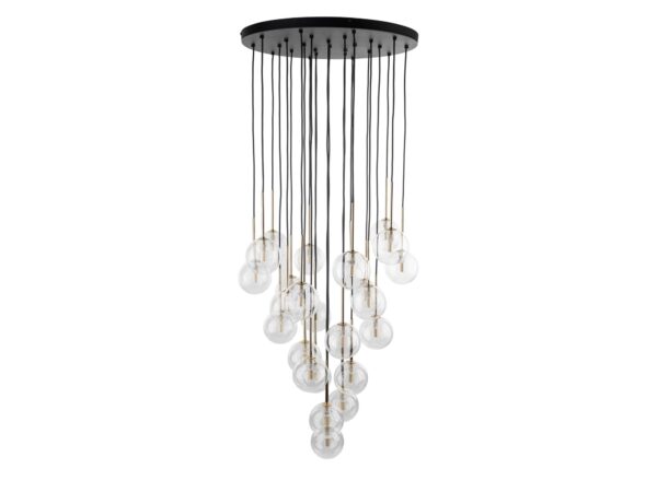Lampa wisząca Nilos 26-punktowa czarno-złota z przezroczystymi szklanymi kloszami