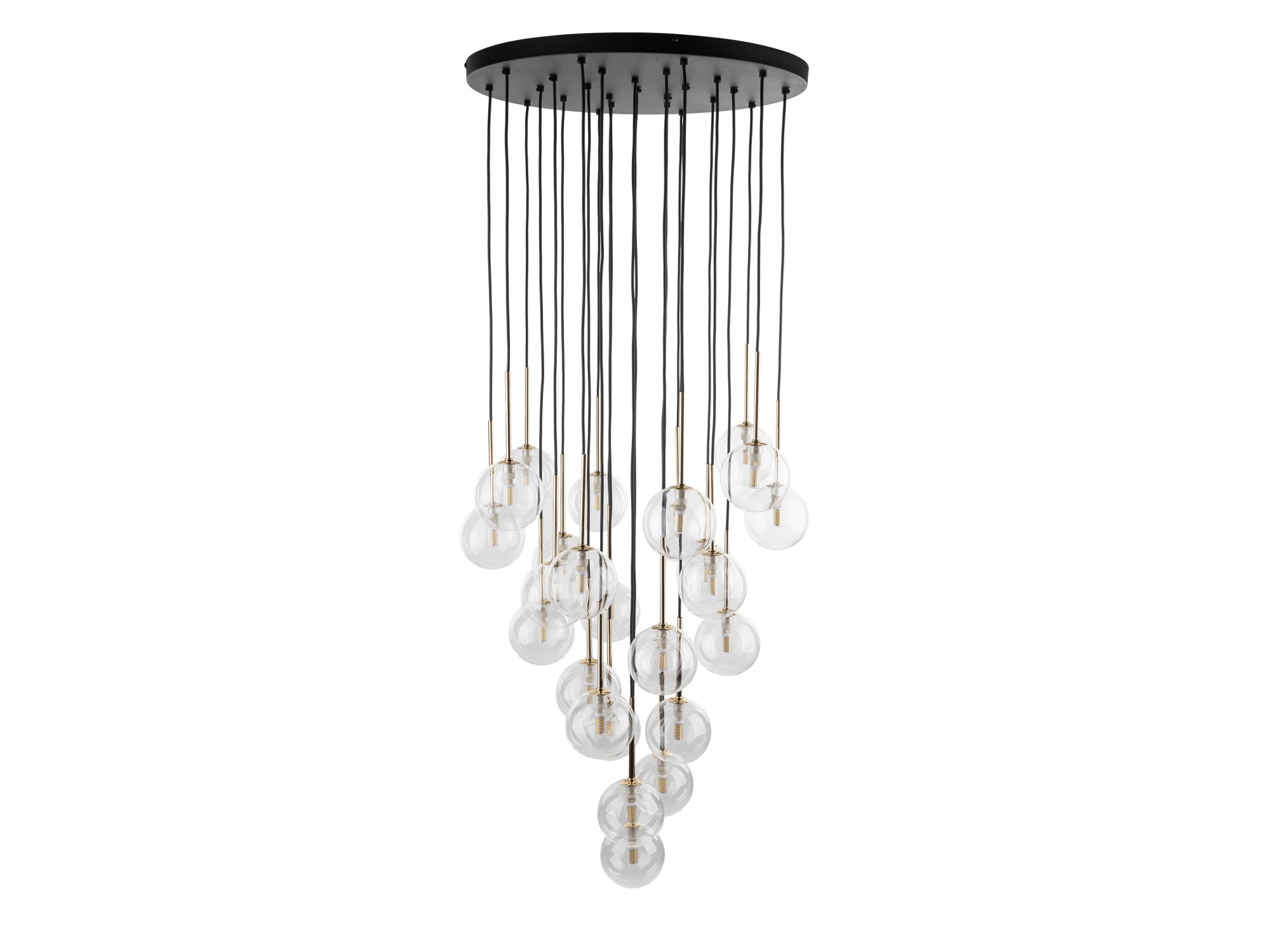 Lampa wisząca Nilos 26-punktowa czarno-złota z przezroczystymi szklanymi kloszami