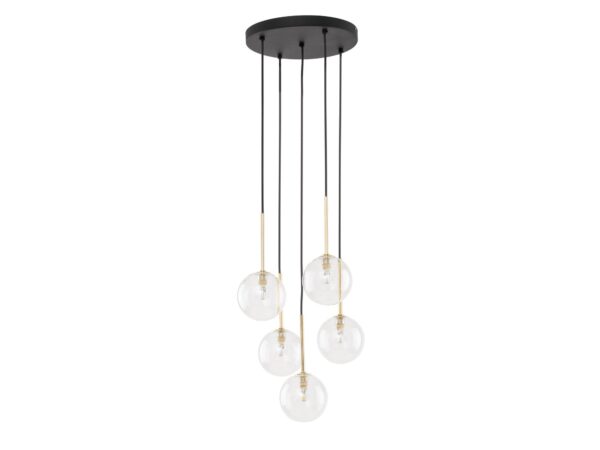 Lampa wisząca Nilos pięciopunktowa z przezroczystymi szklanymi kloszami i złotymi detalami