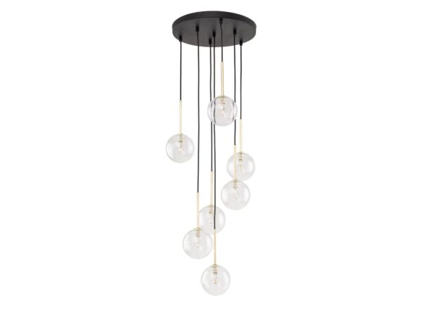 Lampa wisząca Nilos siedmiopunktowa z transparentnymi szklanymi kloszami i czarną konstrukcją