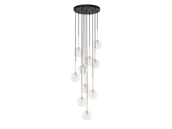 Lampa wisząca Nilos 10-punktowa z czarną oprawą, złotymi detalami i szklanymi kloszami