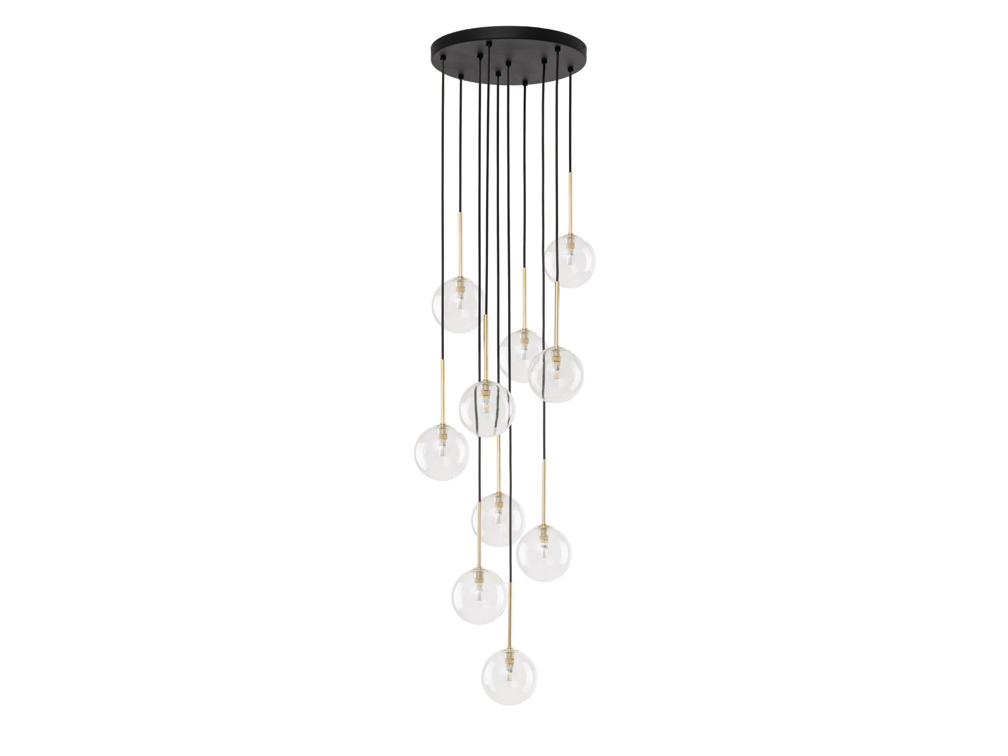 Lampa wisząca Nilos 10-punktowa z czarną oprawą, złotymi detalami i szklanymi kloszami