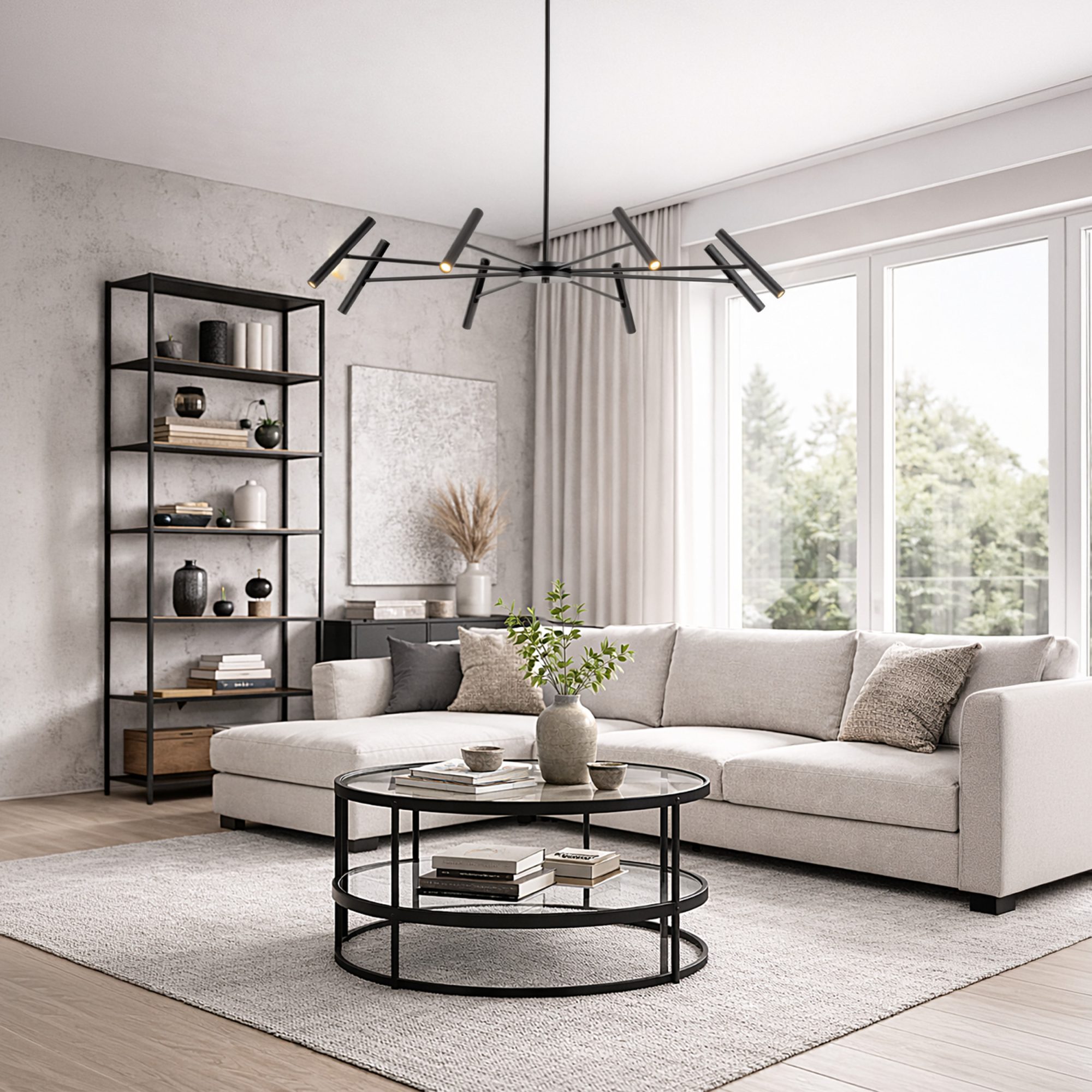 Lampa wisząca Niva LED czarna w jasnym salonie nad stolikiem