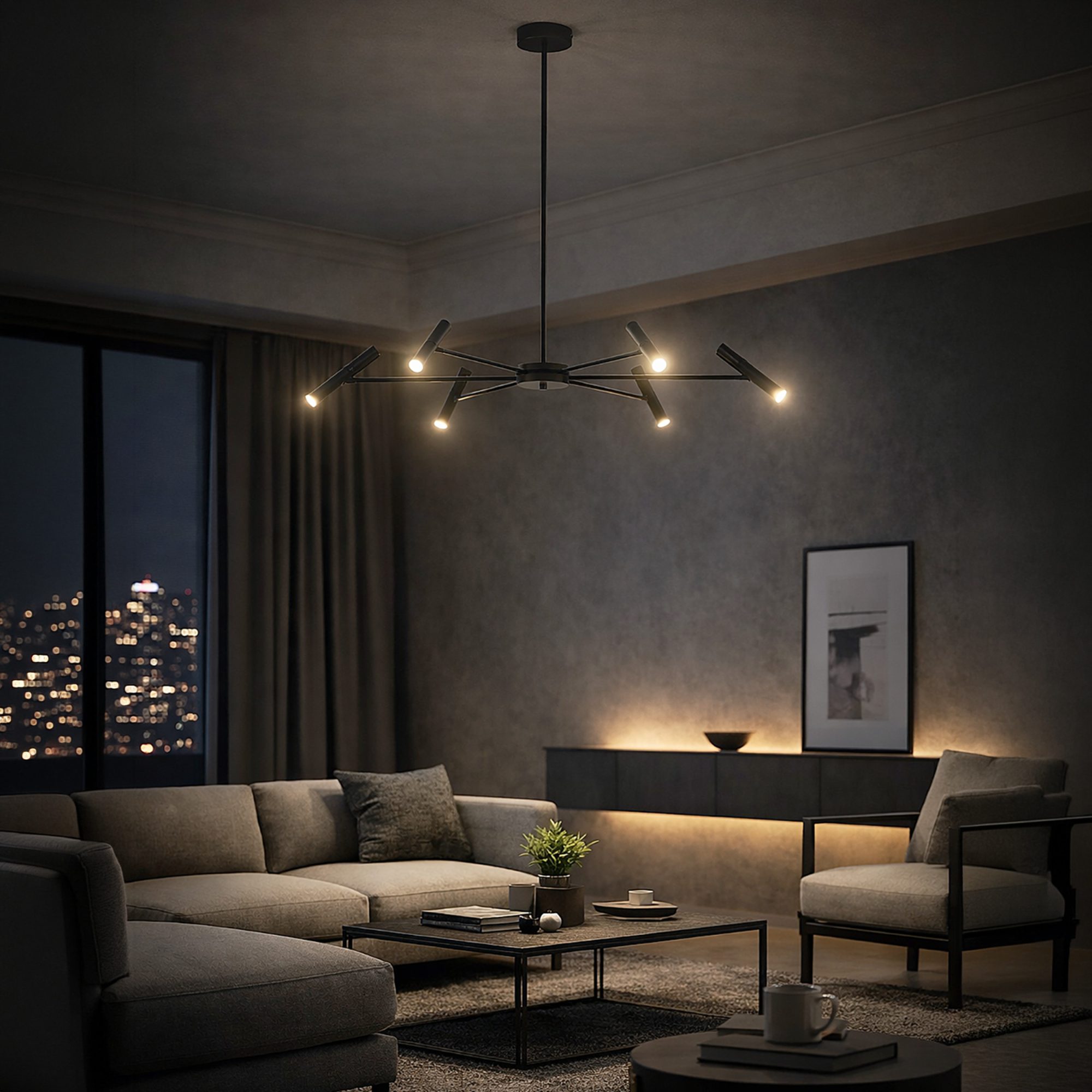 Czarna lampa wisząca Niva LED 30 W nad stolikiem w nowoczesnym salonie