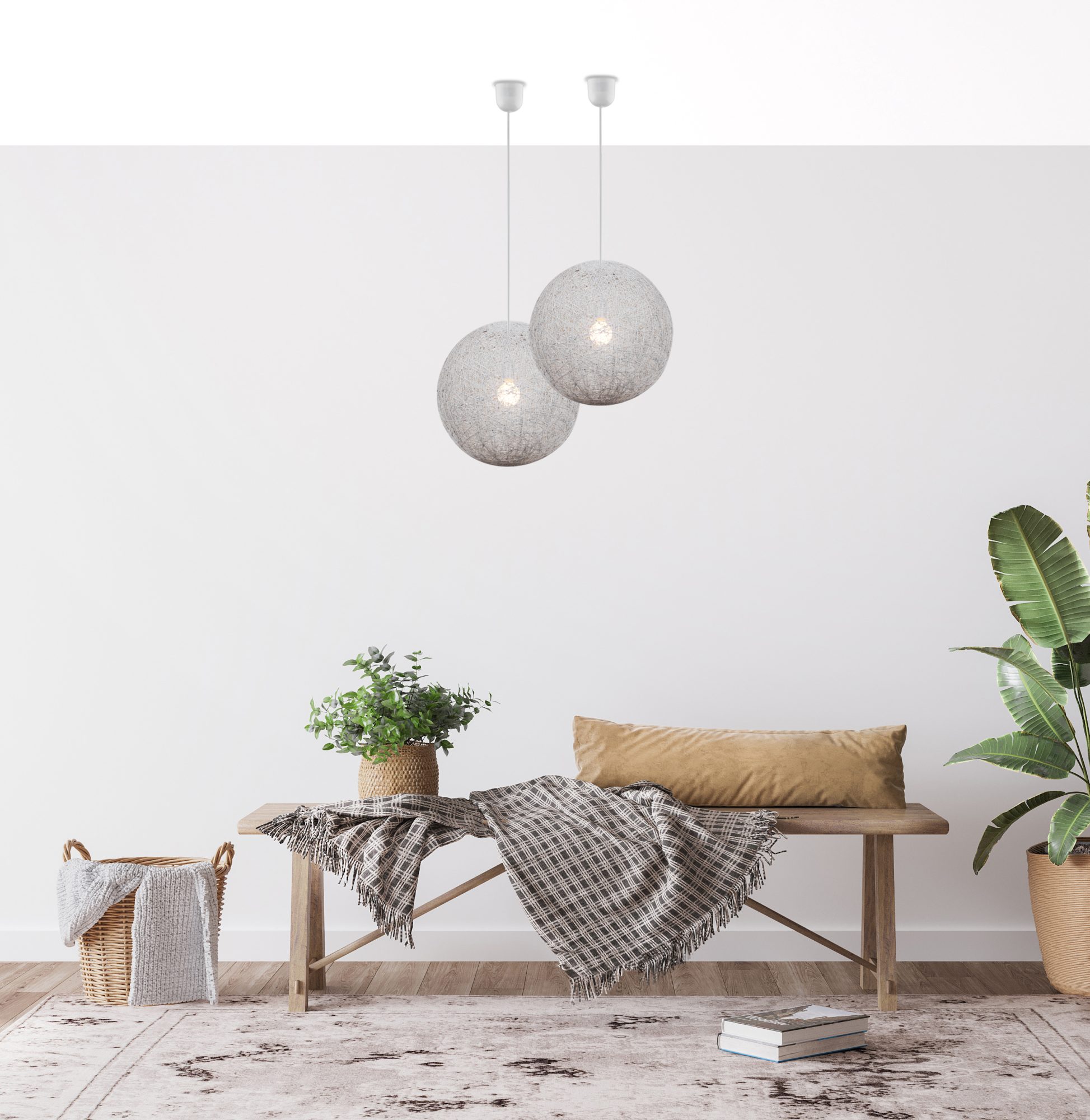 Biała lampa Norevona z plecionym kloszem 30 cm w aranżacji pomieszczenia