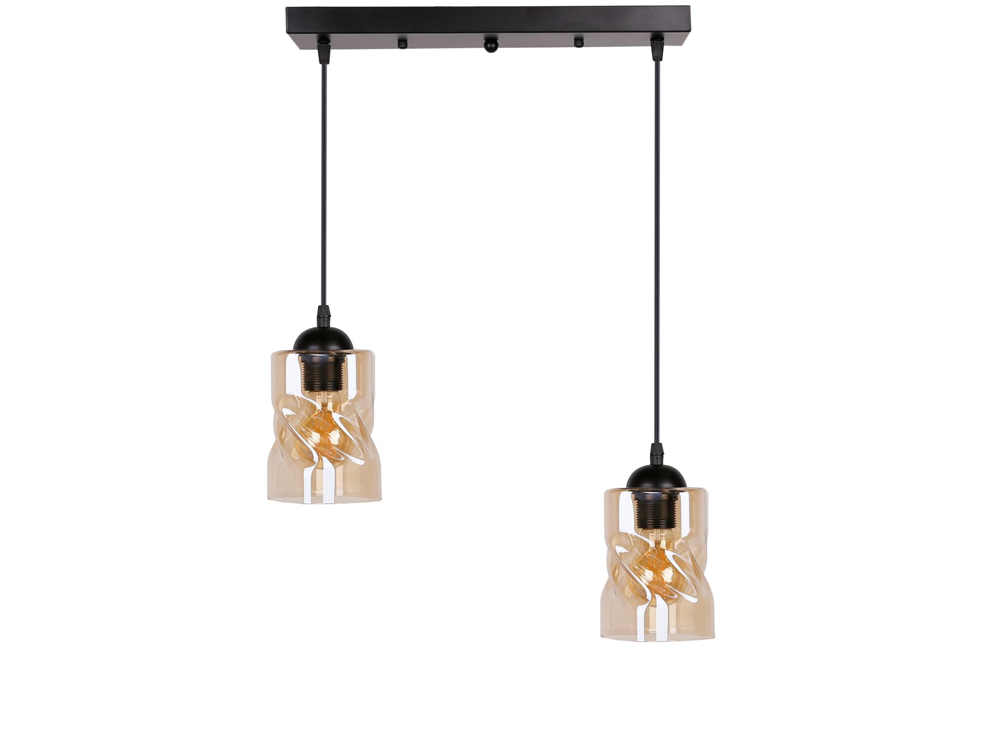 Lampa wisząca Norodira z dwoma bursztynowymi szklanymi kloszami na czarnej listwie