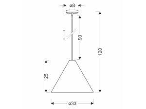 Miniaturka 3 - Rysunek wymiarowy lampy wiszącej Norovona o średnicy klosza 33 cm i wysokości 120 cm