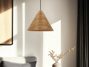 Miniaturka 6 - Lampa wisząca Norovona z dębowym kloszem nad stołem