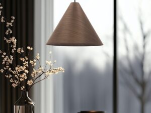 Miniaturka 4 - Lampa wisząca Norovona z abażurem z forniru mahoniowego nad stołem
