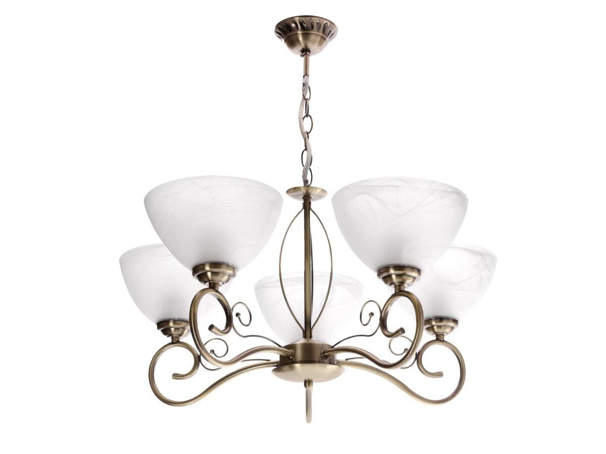 Lampa wisząca Novereta 5-punktowa patyna białe klosze 57 cm