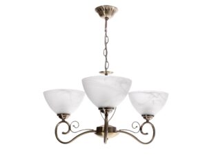 Miniaturka 2 - Lampa wisząca Novereta w patynie z trzema białymi kloszami