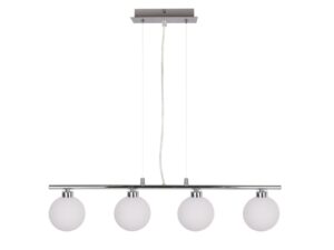 Miniaturka 2 - Lampa wisząca Novidia z czterema białymi szklanymi kulami na chromowanej belce