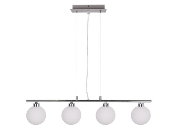 Lampa wisząca Novidia z czterema białymi szklanymi kulami na chromowanej belce