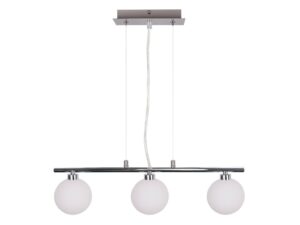 Miniaturka 2 - Lampa wisząca Novidia z trzema białymi kulistymi kloszami na chromowanej belce