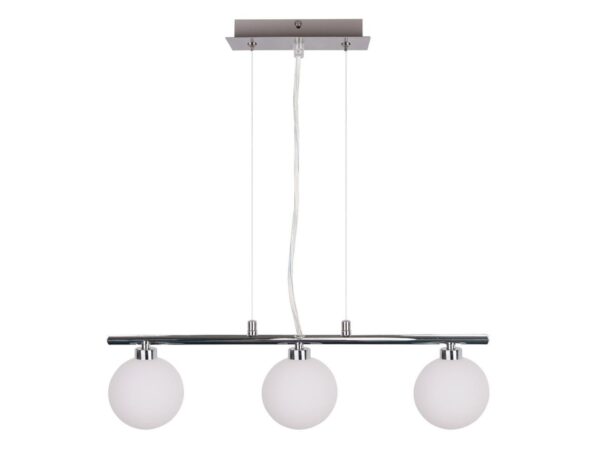 Lampa wisząca Novidia z trzema białymi kulistymi kloszami na chromowanej belce