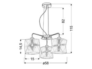 Miniaturka 2 - Lampa wisząca Novisina – rysunek wymiarowy trzech abażurów, średnica 58 cm i wysokość 115 cm