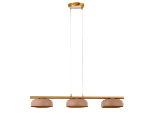 Lampa wisząca Olaf 3 złota z kloszami w kolorze ciepły beż na białym tle