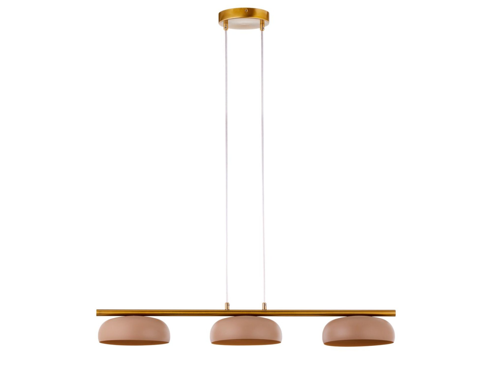 Lampa wisząca Olaf 3 złota z kloszami w kolorze ciepły beż na białym tle