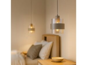 Miniaturka 1 - Beżowa lampa wisząca Olemira pojedyncza obok łóżka w jasnej sypialni