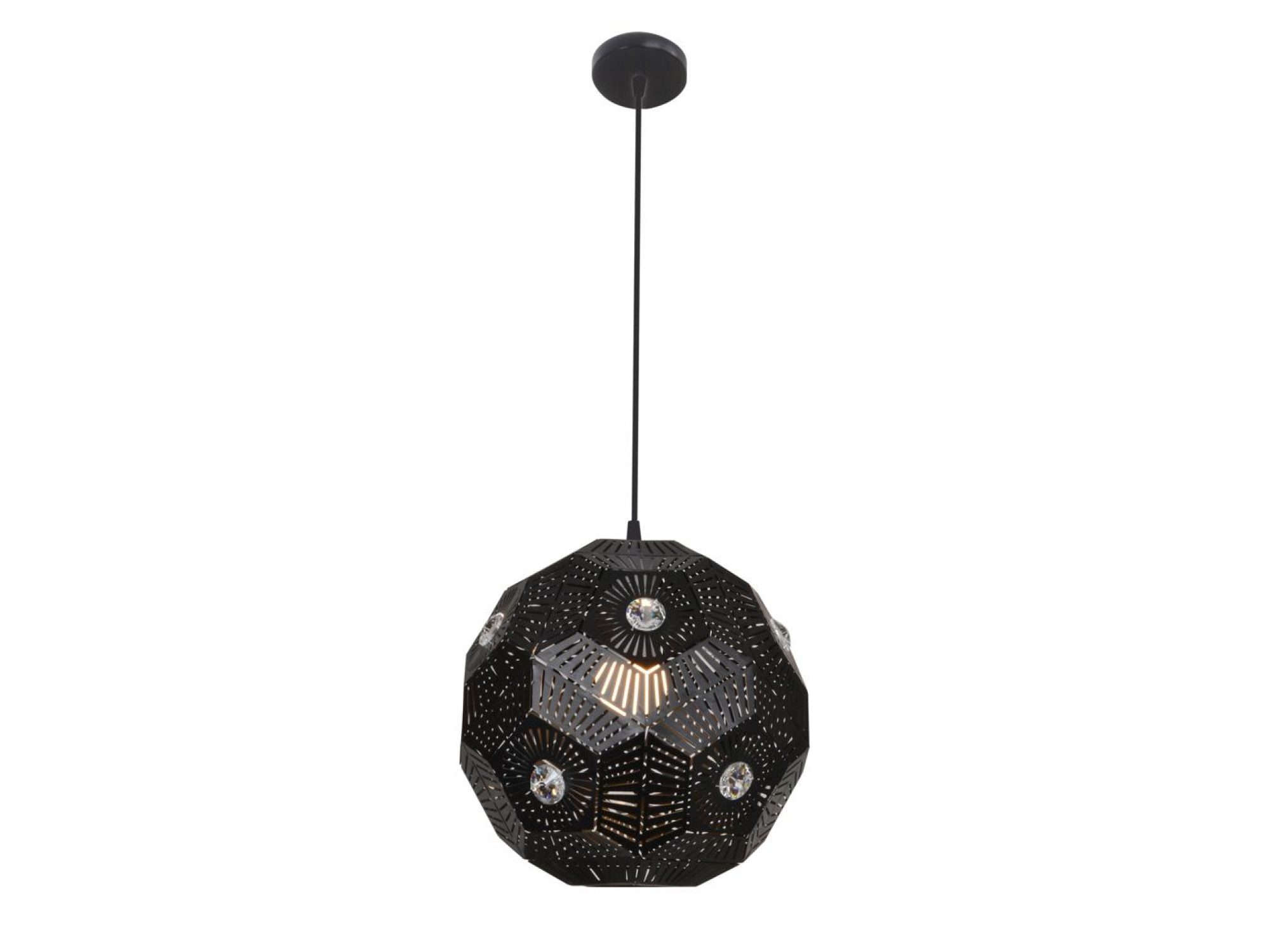 Lampa wisząca Olitona czarna z geometrycznym perforowanym kloszem i kryształkami