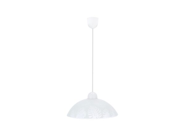 Lampa wisząca Olorena z białym szklanym kloszem i wzorem liści na białym tle